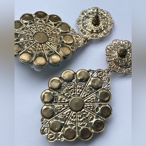 Gold Filigree Rose Earrings dangle drop flowers boho renaissance vintage large - Picture 7 of 10